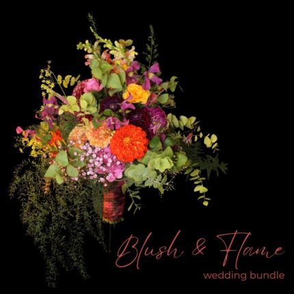 Hochzeits-Bundle bestehend aus Brautstrauß in orange, rot, pink (mit Eucalyptus) , Reversnadel und Tischdekoration | Design paeonia florist Göttingen