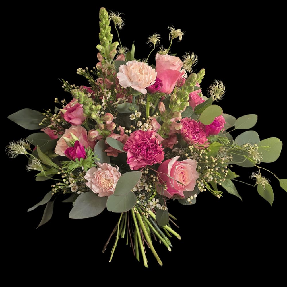 blumenstrauss-pink-reverie-rosa-pink.jpg Blumenstrauß in Rosa und Pink mit Nelken, Rosen und Eukalyptus