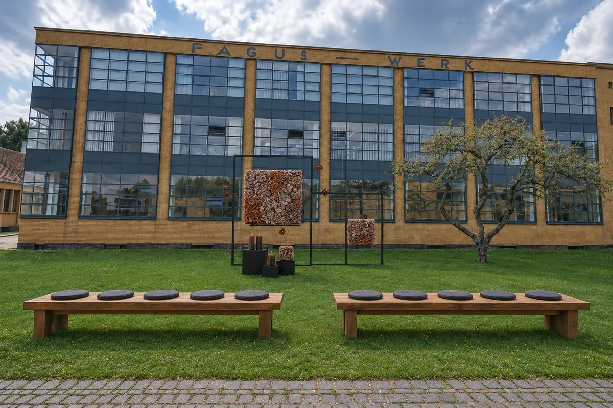 Konzeptvisualisierung einer freien Trauung vor dem Fagus-Werk mit geometrischen Blumenflächen und Holzbänken